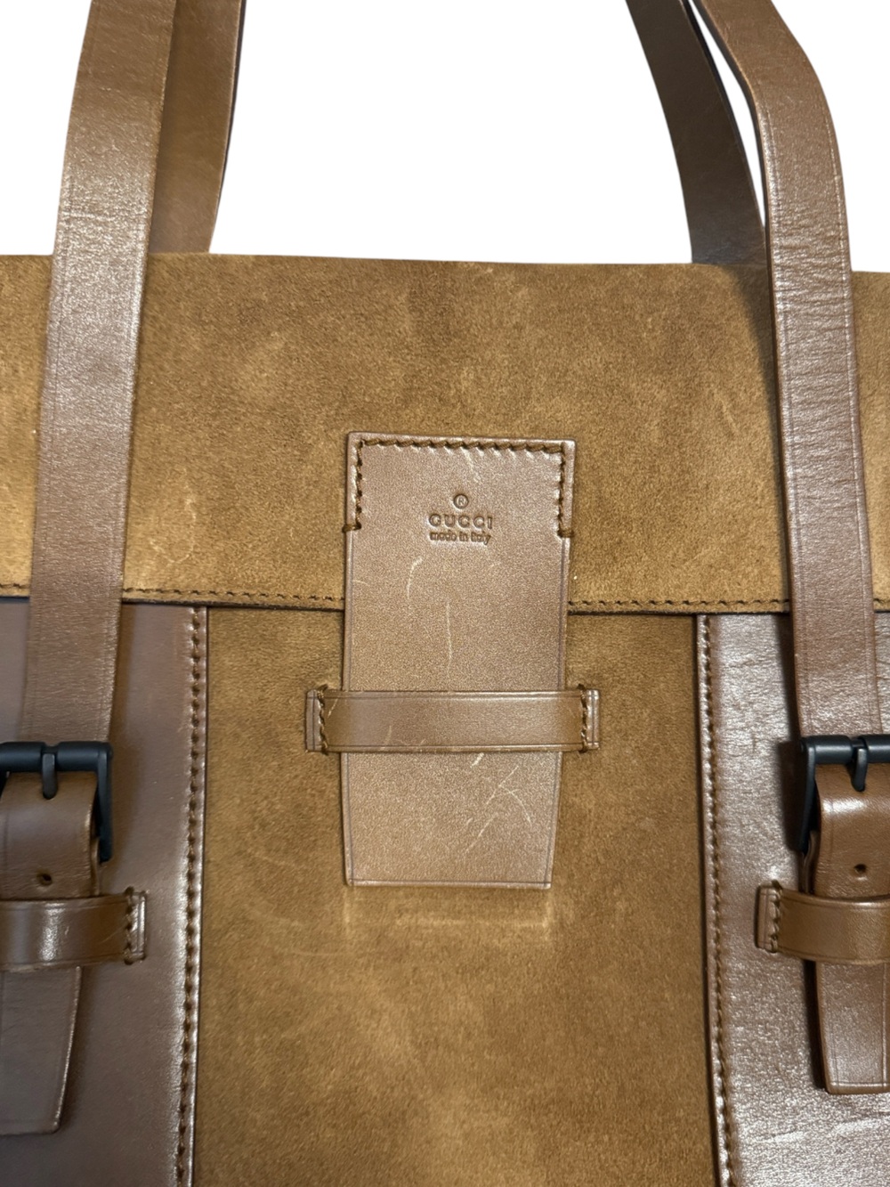 Vintage Gucci Brown Suede Buckle  Leather Trim Shoulder Bag Cargo Tote - Picture 6 of 9